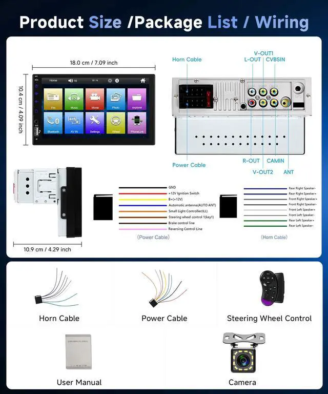 Alt view image 6 of 6 - Single Din Car Radio with Bluetooth iOS/Android Mirror Link, 7 Inch Touch Screen Car Stereo 1 Din with Backup Camera Bluetooth Hands-Free FM Radio USB EQ AUX TF Steering Wheel Control