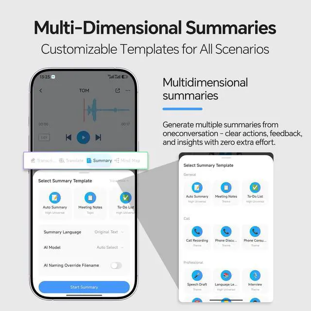 Alt view image 6 of 7 - AI Voice Recorder,NoteCard Voice Recorder,No Subscription,App Control | Real Time Transcribe & Summarize, Multi-Language, Deep AI Analysis for Meetings/Class/Lectures (Deep Gray)