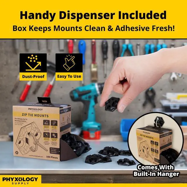 Alt view image 4 of 6 - Rugged, Stylish Adhesive XL Zip Tie Mounts 100 Pack. Premium 1.5in Sticky Back Ziptie, Cord, and Cable Management Anchor Clips. Easy Peel and Stick Mounting Bases With Hanging Organizer Box Dispenser