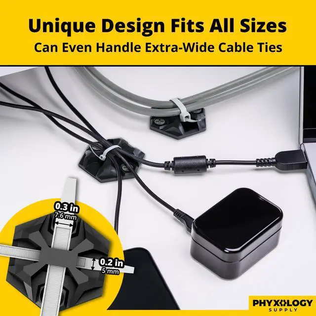 Alt view image 5 of 6 - Rugged, Stylish Adhesive XL Zip Tie Mounts 100 Pack. Premium 1.5in Sticky Back Ziptie, Cord, and Cable Management Anchor Clips. Easy Peel and Stick Mounting Bases With Hanging Organizer Box Dispenser