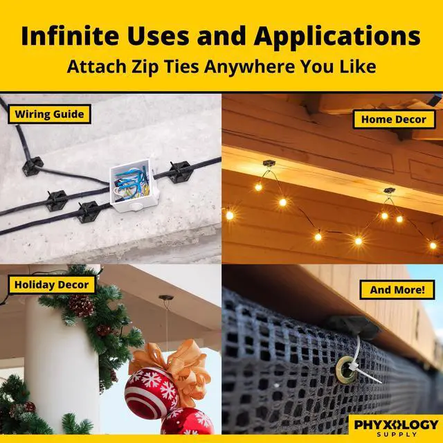 Alt view image 6 of 6 - Rugged, Stylish Adhesive XL Zip Tie Mounts 100 Pack. Premium 1.5in Sticky Back Ziptie, Cord, and Cable Management Anchor Clips. Easy Peel and Stick Mounting Bases With Hanging Organizer Box Dispenser