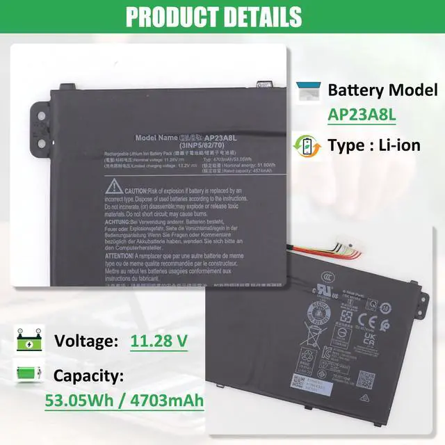 Alt view image 2 of 7 - AP23A8L Laptop Battery Replacement for Aspire Go 15 AG15-31P Aspire 3 A315-24P A317-55P Extensa 15 EX215-23 Series Notebook 11.28V 53.05Wh 4703mAh