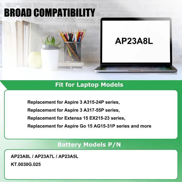 Alt view image 3 of 7 - AP23A8L Laptop Battery Replacement for Aspire Go 15 AG15-31P Aspire 3 A315-24P A317-55P Extensa 15 EX215-23 Series Notebook 11.28V 53.05Wh 4703mAh