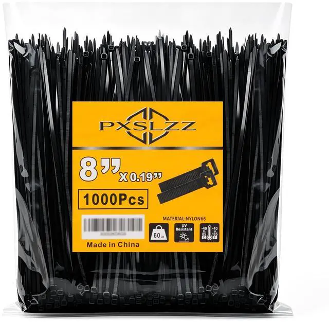 Main image of 8 Inch Zip Ties,1000 Pcs,0.19in Width,60LBS Black Cable Ties | Self-Locking,Premium Nylon66, 60lb Tensile Strength, UV Resistant, Indoor Outdoor Multipurpose