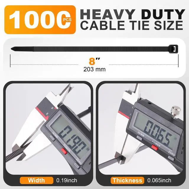 Alt view image 2 of 6 - 8 Inch Zip Ties,1000 Pcs,0.19in Width,60LBS Black Cable Ties | Self-Locking,Premium Nylon66, 60lb Tensile Strength, UV Resistant, Indoor Outdoor Multipurpose