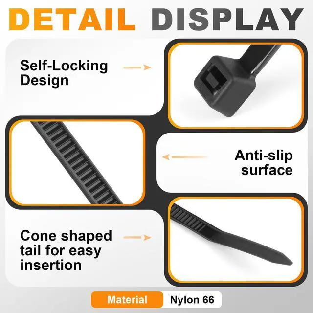 Alt view image 5 of 6 - 8 Inch Zip Ties,1000 Pcs,0.19in Width,60LBS Black Cable Ties | Self-Locking,Premium Nylon66, 60lb Tensile Strength, UV Resistant, Indoor Outdoor Multipurpose