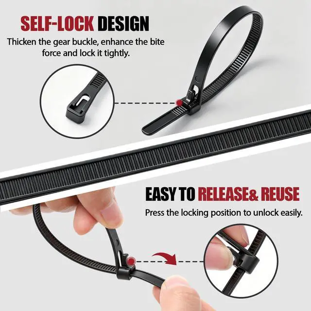 Alt view image 4 of 6 - 500 Pcs 18 Inch Reusable Zip Ties,120 Lbs Tensile Strength Releasable Black Tie Wraps, Wire Ties Removable, Cable Tie Straps, for Cord Management, Garden, Home & Office