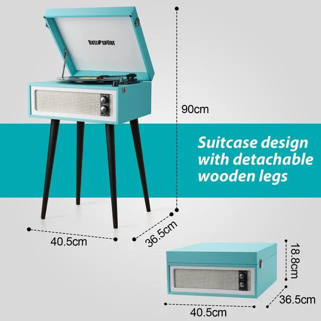 Alt view image 2 of 6 - Standing Record Player with Legs, 3 Speed Vinyl LP Player Bluetooth Vintage Turntable with Built-in Speakers USB Input& Recorder, RCA Out, AUX in, Turquoise