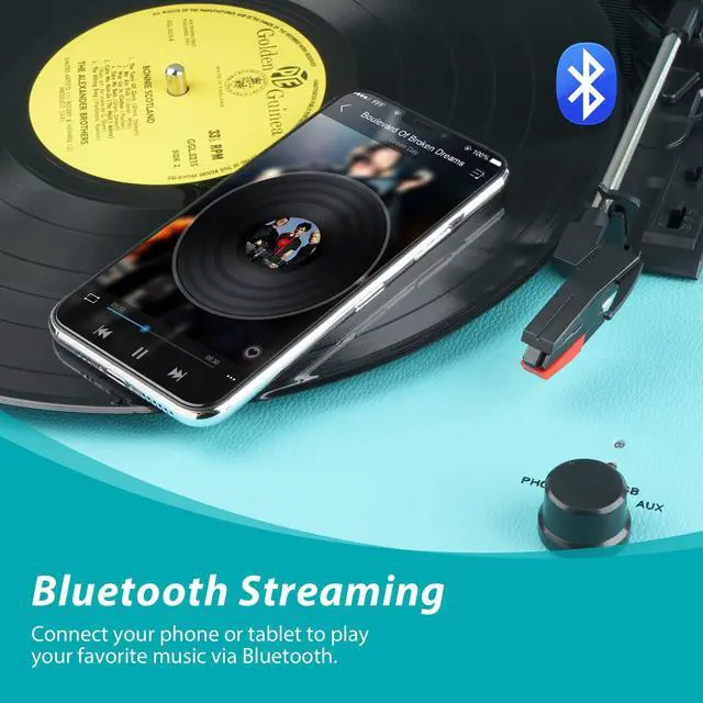 Alt view image 3 of 6 - Standing Record Player with Legs, 3 Speed Vinyl LP Player Bluetooth Vintage Turntable with Built-in Speakers USB Input& Recorder, RCA Out, AUX in, Turquoise