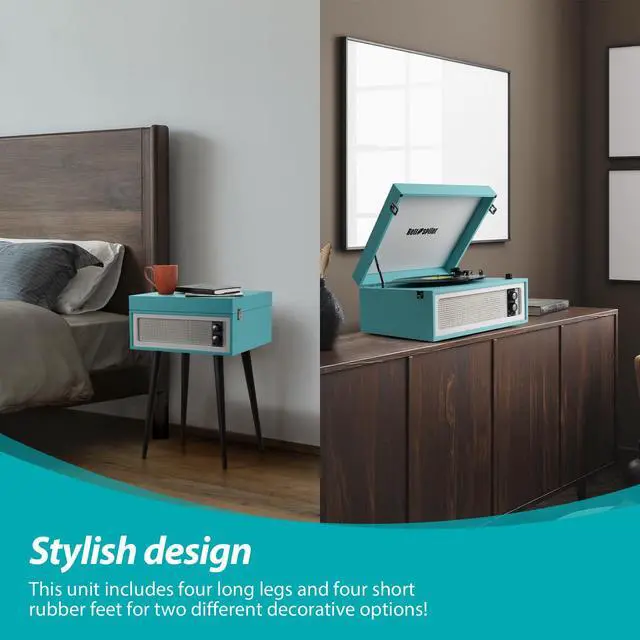 Alt view image 5 of 6 - Standing Record Player with Legs, 3 Speed Vinyl LP Player Bluetooth Vintage Turntable with Built-in Speakers USB Input& Recorder, RCA Out, AUX in, Turquoise