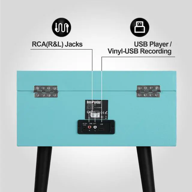 Alt view image 6 of 6 - Standing Record Player with Legs, 3 Speed Vinyl LP Player Bluetooth Vintage Turntable with Built-in Speakers USB Input& Recorder, RCA Out, AUX in, Turquoise