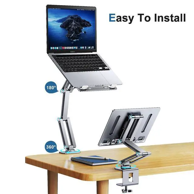 Alt view image 2 of 7 - Laptop Stand Desk Mount, Aluminum Adjustable Laptop Arm with Tray | 360° Rotatable Ergonomic Computer Holder for 11-15 Inch Laptops & Tablets, Relieve Neck Strain for Sitting & Standing Work