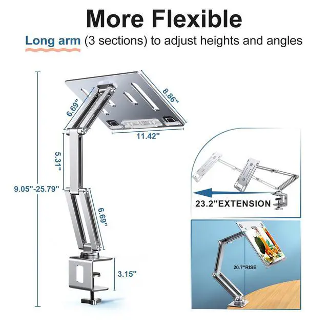 Alt view image 3 of 7 - Laptop Stand Desk Mount, Aluminum Adjustable Laptop Arm with Tray | 360° Rotatable Ergonomic Computer Holder for 11-15 Inch Laptops & Tablets, Relieve Neck Strain for Sitting & Standing Work