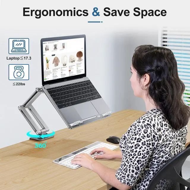 Alt view image 4 of 7 - Laptop Stand Desk Mount, Aluminum Adjustable Laptop Arm with Tray | 360° Rotatable Ergonomic Computer Holder for 11-15 Inch Laptops & Tablets, Relieve Neck Strain for Sitting & Standing Work