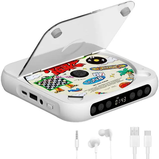 Main image of Portable CD Player, Personal CD Player with Bluetooth for Home, Rechargeable Small CD Player with Headphones,Built-in HiFi Speakers, Support CD/AUX/USB, Anti-Skip/Shockproof