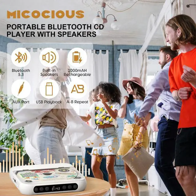 Alt view image 2 of 7 - Portable CD Player, Personal CD Player with Bluetooth for Home, Rechargeable Small CD Player with Headphones,Built-in HiFi Speakers, Support CD/AUX/USB, Anti-Skip/Shockproof