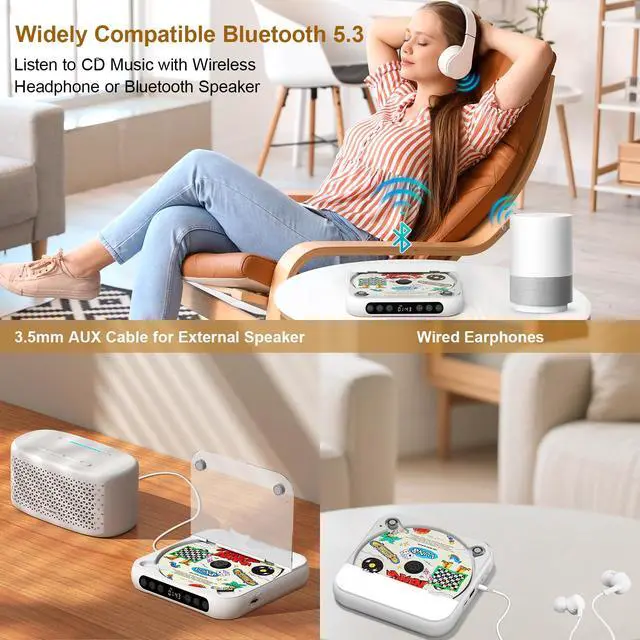 Alt view image 3 of 7 - Portable CD Player, Personal CD Player with Bluetooth for Home, Rechargeable Small CD Player with Headphones,Built-in HiFi Speakers, Support CD/AUX/USB, Anti-Skip/Shockproof