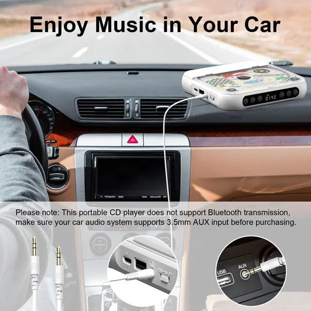 Alt view image 4 of 7 - Portable CD Player, Personal CD Player with Bluetooth for Home, Rechargeable Small CD Player with Headphones,Built-in HiFi Speakers, Support CD/AUX/USB, Anti-Skip/Shockproof