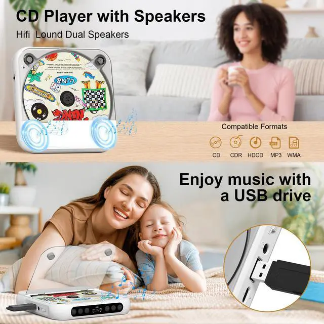 Alt view image 5 of 7 - Portable CD Player, Personal CD Player with Bluetooth for Home, Rechargeable Small CD Player with Headphones,Built-in HiFi Speakers, Support CD/AUX/USB, Anti-Skip/Shockproof