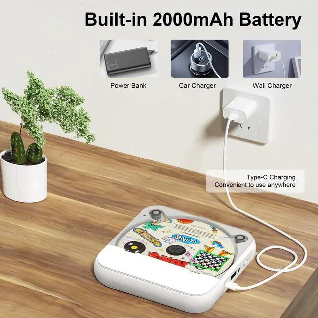 Alt view image 6 of 7 - Portable CD Player, Personal CD Player with Bluetooth for Home, Rechargeable Small CD Player with Headphones,Built-in HiFi Speakers, Support CD/AUX/USB, Anti-Skip/Shockproof