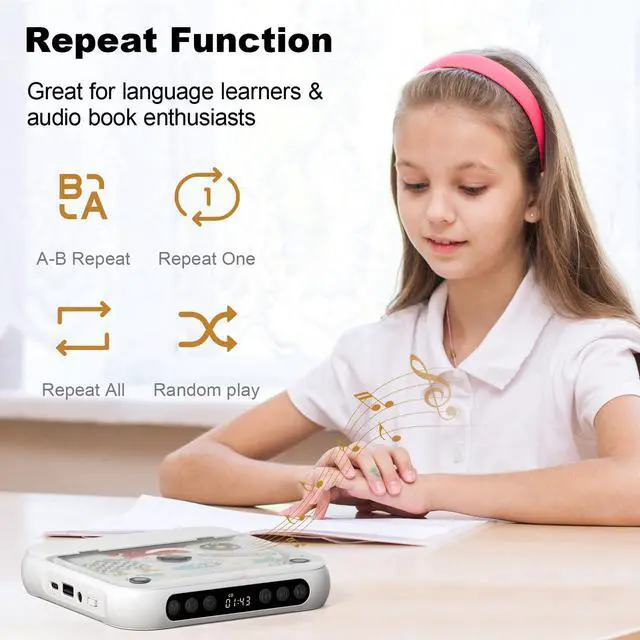 Alt view image 7 of 7 - Portable CD Player, Personal CD Player with Bluetooth for Home, Rechargeable Small CD Player with Headphones,Built-in HiFi Speakers, Support CD/AUX/USB, Anti-Skip/Shockproof