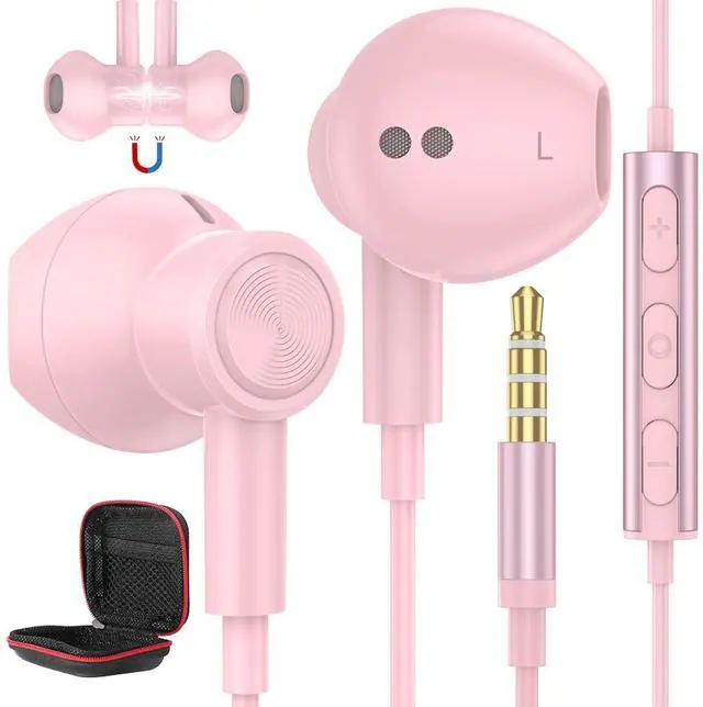 Main image of 3.5mm Headphone Wired Earbud with Mic for School Computer PC, Pink | Wired Earphones HiFi Stereo Clear Call Magnetic Ear Buds Wire for Samsung A25/A15/A14/S10/A12/Switch/MP3/Kindle