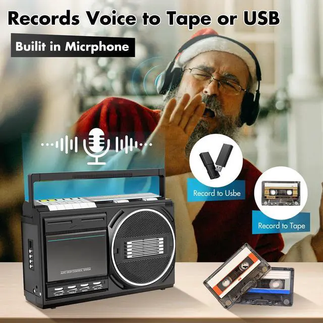 Alt view image 3 of 7 - Cassette Player Recorder Boombox with Bluetooth, USB & FM/AM/SW | Portable Boom Box Radios, Retro Tape/USB Converter, Earphone Jack, Built-in MIC for Voice Recording, Sound Amplifier - DC/AC