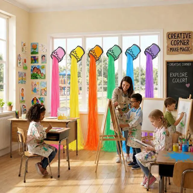 Alt view image 6 of 7 - 6 Set Art Paint Party Decoration Foil Fringe Curtains Colored Tassels Back to School Art Party Theme Streamers Splatter Backdrop Decoration for Birthday Classroom Photo Booth Props Decor