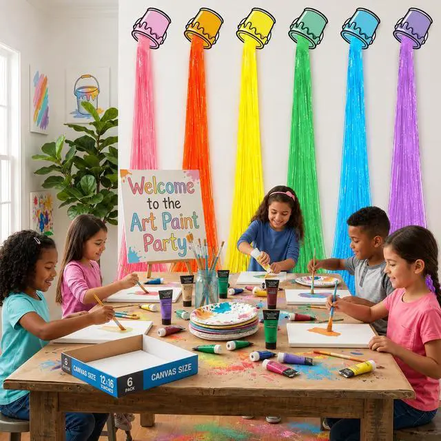 Alt view image 4 of 7 - 6 Set Art Paint Party Decoration Foil Fringe Curtains Colored Tassels Back to School Art Party Theme Streamers Splatter Backdrop Decoration for Birthday Classroom Photo Booth Props Decor