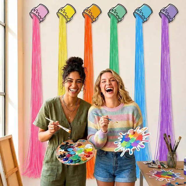 Alt view image 7 of 7 - 6 Set Art Paint Party Decoration Foil Fringe Curtains Colored Tassels Back to School Art Party Theme Streamers Splatter Backdrop Decoration for Birthday Classroom Photo Booth Props Decor