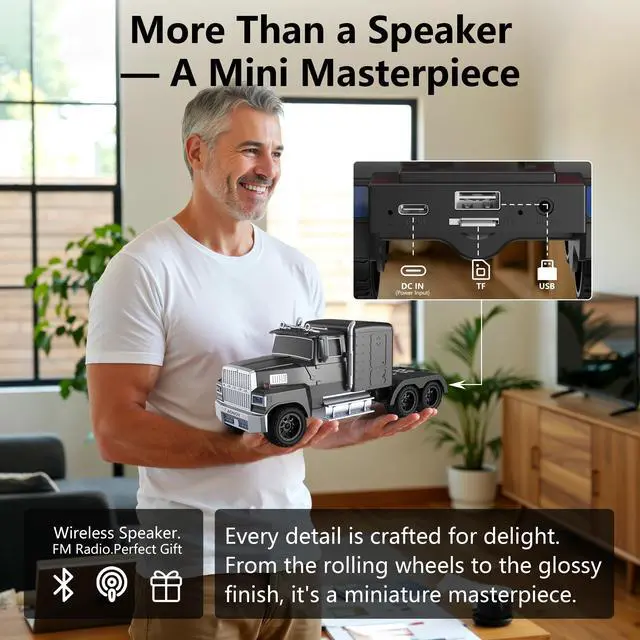 Alt view image 6 of 7 - Truck Bluetooth Speaker, Mini Truck Speaker with TWS Stereo | HD Stereo Sound,LED Lights,FM Radio, USB/TF Card Playback,Hands-Free Calls,Great Gift for Truck Lovers
