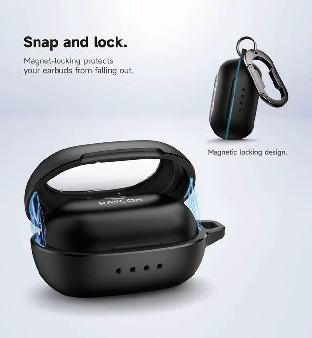 Alt view image 2 of 7 - Case for Raycon Everyday Earbuds Classic Headphones, Shockproof Magnetic Case for Raycon Bluetooth Headset True Wireless Earbuds, Protective Cover with Magnetic Lid Lock & Carabiner, Black