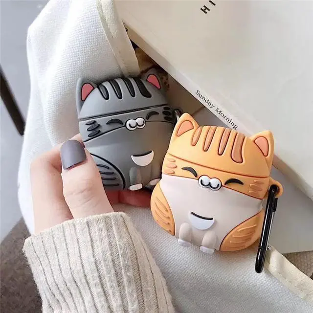 Alt view image 2 of 7 - Earphone Case for AirPods Pro 3, Cute Sitting Smiling Happy Lucky Cat Case Soft TPU Silicone Case, Lovely Yellow Grey Kitty AirPods Pro 3 Cover Protective Skin Protector -Yellow