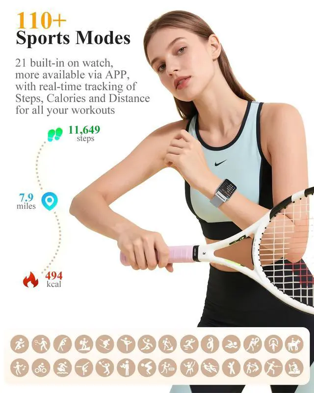 Alt view image 3 of 7 - Fitness Activity Tracker for Women Men with Step Counter, Calorie/Distance/Sleep Monitor, IP68 Waterproof for Android iPhone, Silicone Smart Watch Smartwatch with 110+ Sport Modes (Silver)