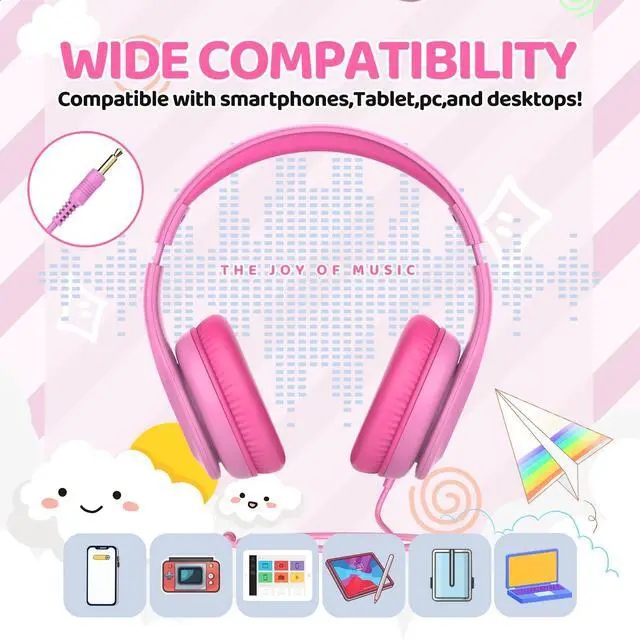Alt view image 4 of 7 - Wired Headphones for Kids, 85dB Volume Limit, 3.5mm Kids Headphones with Cord, Adjustable, Stereo Sound Foldable Toddler headsets for School-Pink