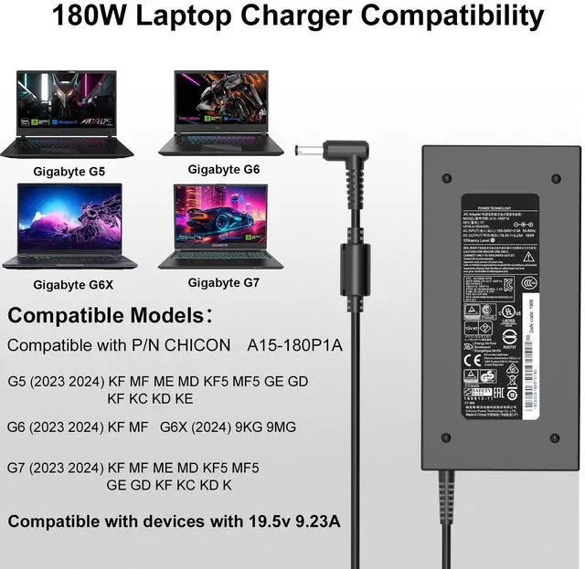 Alt view image 2 of 7 - 180W Gigabyte Charger for Original Gigabyte G5 kf5 md gd kd kf G6 k9 kf | (2023 2024) Aero 14 15 15X,Aorus 7 SA WA X3 P57W V6-CF2 Gaming Laptop Adapter Power Cord Supply