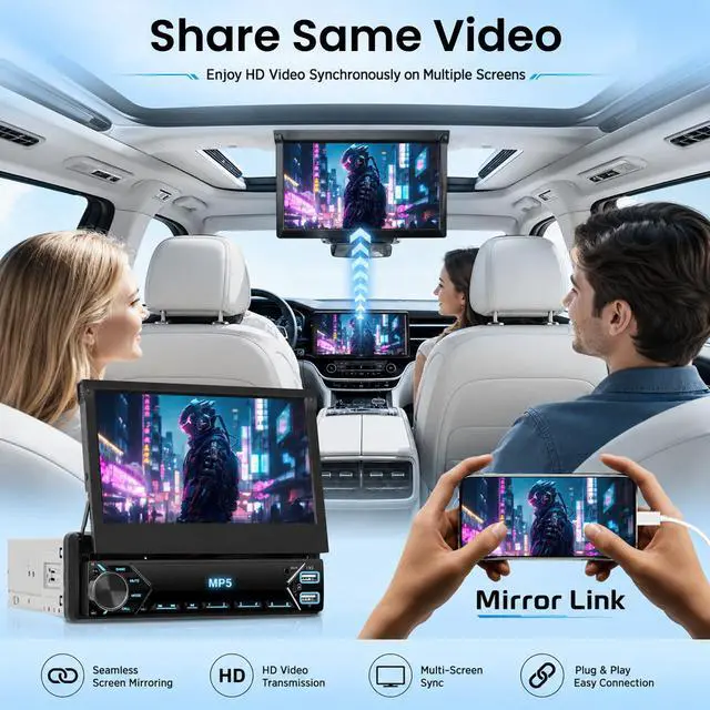 Alt view image 2 of 7 - 7 Inch Flip Out Touchscreen Car Stereo-Single DIN with Bluetooth 5.0, Mirror Link, Backup Camera & Type-C Fast Charging | Compatible with Most Vehicles