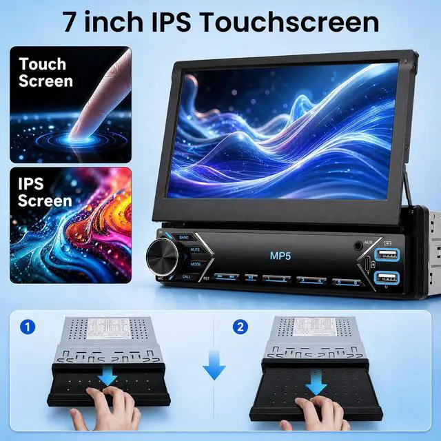 Alt view image 3 of 7 - 7 Inch Flip Out Touchscreen Car Stereo-Single DIN with Bluetooth 5.0, Mirror Link, Backup Camera & Type-C Fast Charging | Compatible with Most Vehicles