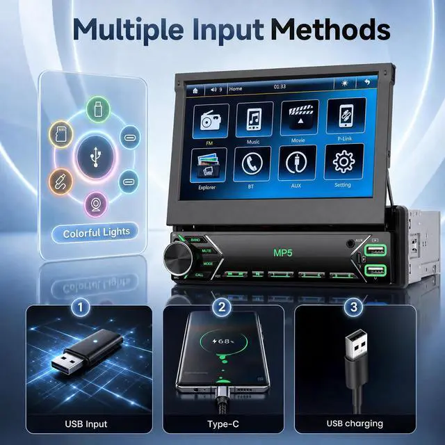 Alt view image 4 of 7 - 7 Inch Flip Out Touchscreen Car Stereo-Single DIN with Bluetooth 5.0, Mirror Link, Backup Camera & Type-C Fast Charging | Compatible with Most Vehicles