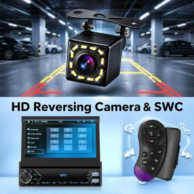 Alt view image 6 of 7 - 7 Inch Flip Out Touchscreen Car Stereo-Single DIN with Bluetooth 5.0, Mirror Link, Backup Camera & Type-C Fast Charging | Compatible with Most Vehicles
