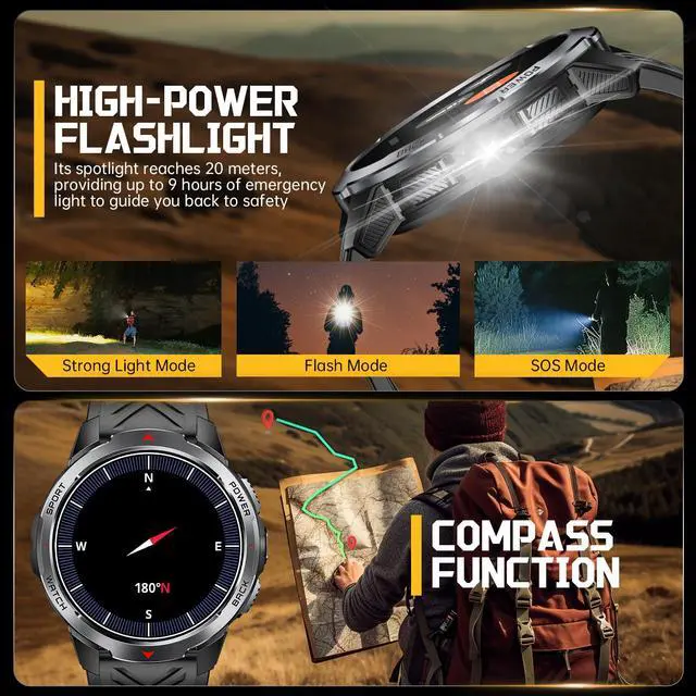 Alt view image 2 of 7 - Military Smart Watch for Men with 1100 mAh Battery/LED Flashlight/1.7" HD | Rugged Tactical Smartwatch with Text and Call/Compass, 5ATM Waterproof Fitness Tracker with HR/Sleep Monitor for iOS Android
