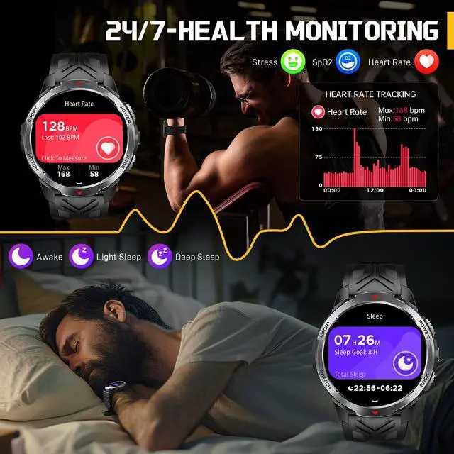 Alt view image 5 of 7 - Military Smart Watch for Men with 1100 mAh Battery/LED Flashlight/1.7" HD | Rugged Tactical Smartwatch with Text and Call/Compass, 5ATM Waterproof Fitness Tracker with HR/Sleep Monitor for iOS Android