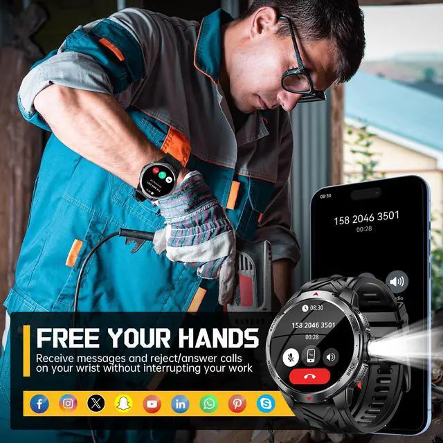 Alt view image 7 of 7 - Military Smart Watch for Men with 1100 mAh Battery/LED Flashlight/1.7" HD | Rugged Tactical Smartwatch with Text and Call/Compass, 5ATM Waterproof Fitness Tracker with HR/Sleep Monitor for iOS Android