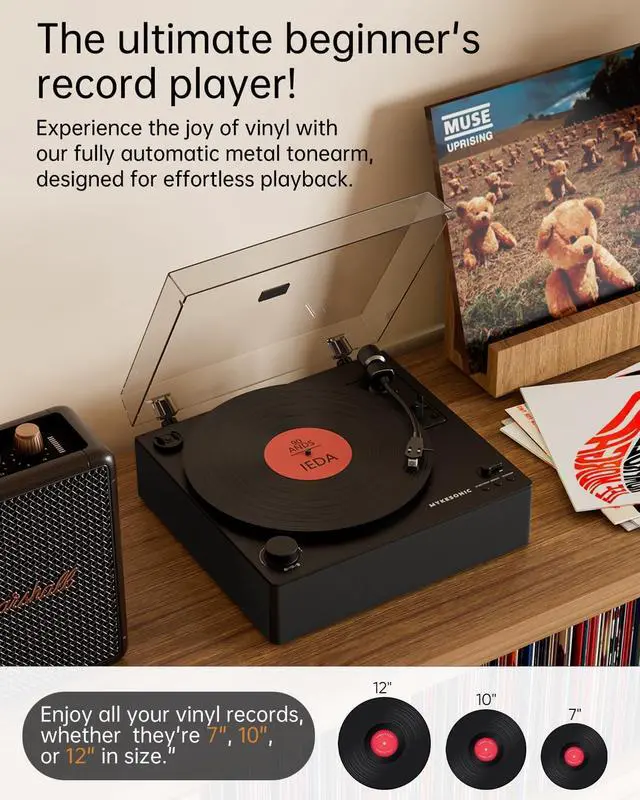 Alt view image 7 of 7 - Automatic Record Player, Bluetooth Belt Drive Vinyl Turntable, Magnetic AT-3600L Cartridge, Bluetooth in & Out, Hi-Fi Stereo Speakers, Aux in Headphone, RCA Out with Remote Control
