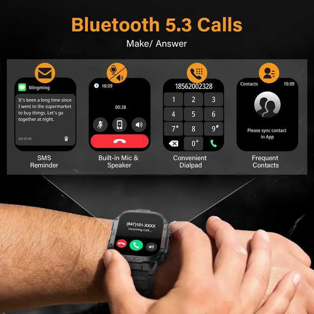 Alt view image 2 of 7 - Military Smart Watch for Men, 2.02" Screen, 100+ Sport Modes, Android iOS | Heart Rate Blood Oxygen Blood Pressure Sleep, 100+ Sport Modes Fitness Tracker, Outdoor Sport Smartwatch with Flashlight