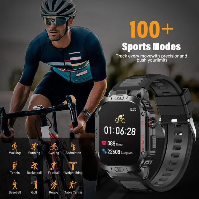 Alt view image 3 of 7 - Military Smart Watch for Men, 2.02" Screen, 100+ Sport Modes, Android iOS | Heart Rate Blood Oxygen Blood Pressure Sleep, 100+ Sport Modes Fitness Tracker, Outdoor Sport Smartwatch with Flashlight