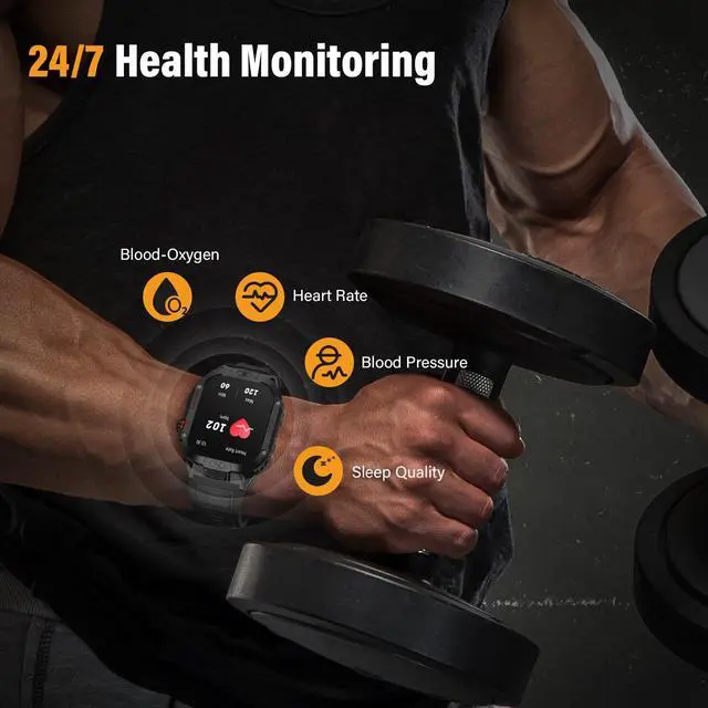 Alt view image 4 of 7 - Military Smart Watch for Men, 2.02" Screen, 100+ Sport Modes, Android iOS | Heart Rate Blood Oxygen Blood Pressure Sleep, 100+ Sport Modes Fitness Tracker, Outdoor Sport Smartwatch with Flashlight