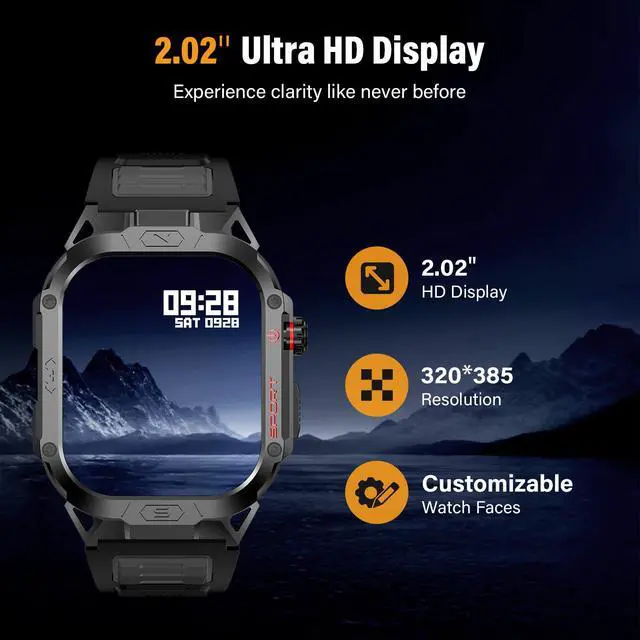 Alt view image 5 of 7 - Military Smart Watch for Men, 2.02" Screen, 100+ Sport Modes, Android iOS | Heart Rate Blood Oxygen Blood Pressure Sleep, 100+ Sport Modes Fitness Tracker, Outdoor Sport Smartwatch with Flashlight