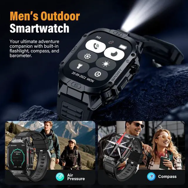 Alt view image 6 of 7 - Military Smart Watch for Men, 2.02" Screen, 100+ Sport Modes, Android iOS | Heart Rate Blood Oxygen Blood Pressure Sleep, 100+ Sport Modes Fitness Tracker, Outdoor Sport Smartwatch with Flashlight