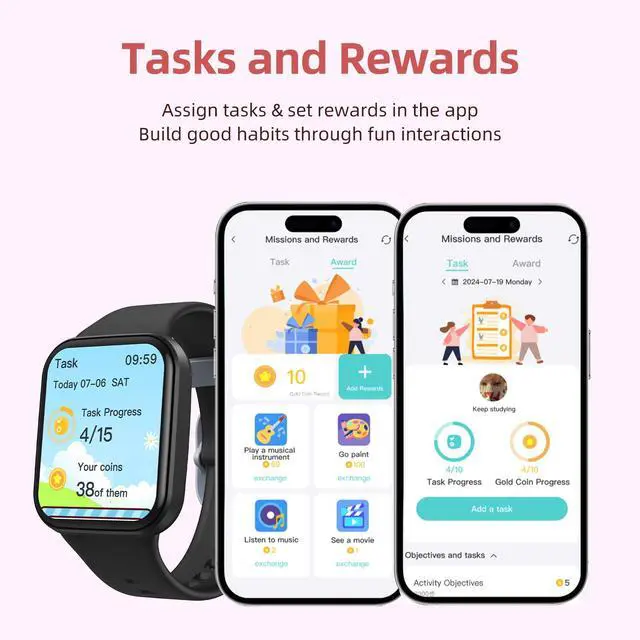Alt view image 2 of 7 - Kids Smart Watch with Parent-Child Task & Reward System, Fun Fitness Tracker with 20 Sports Modes, Heart Rate & Sleep Monitor, IP68 Waterproof, Great Birthday Gift for Boys Girls 5-16, Black